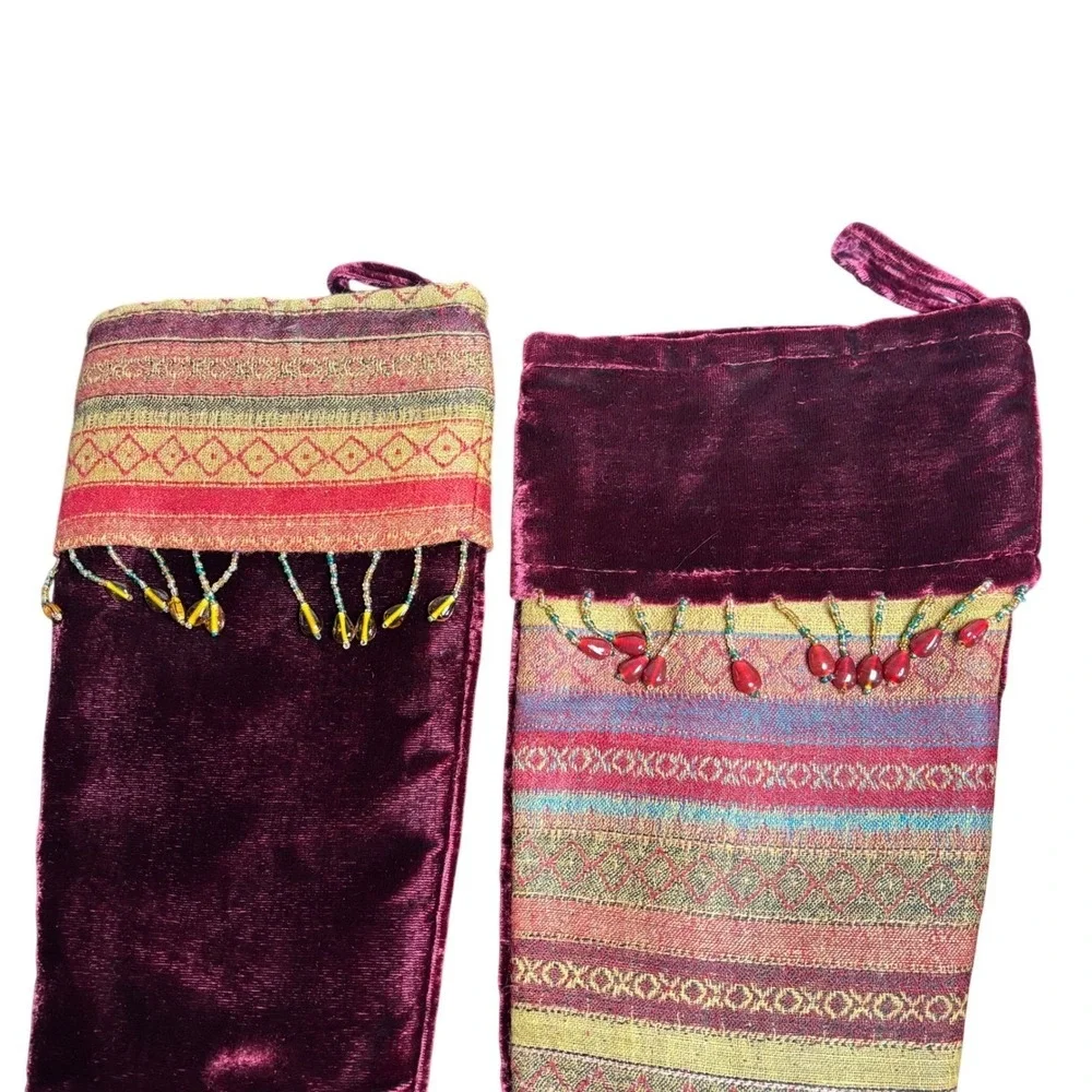 World Market Set‎ of 2 Boho Burgundy Velvet Tapestry Beaded Christmas Stockings